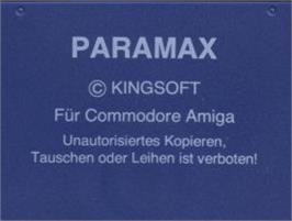 Top of cartridge artwork for Paramax on the Commodore Amiga.