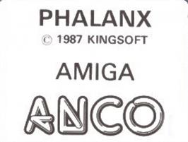 Top of cartridge artwork for Phalanx on the Commodore Amiga.
