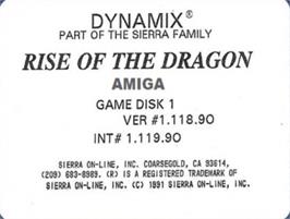 Top of cartridge artwork for Rise Of The Dragon on the Commodore Amiga.