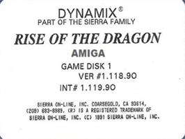 Top of cartridge artwork for Rise of the Dragon on the Commodore Amiga.