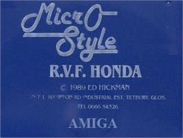 Top of cartridge artwork for Rvf Honda on the Commodore Amiga.