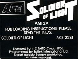 Top of cartridge artwork for Soldier of Light on the Commodore Amiga.