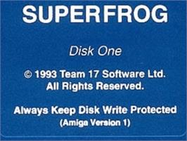 Top of cartridge artwork for Super Frog on the Commodore Amiga.