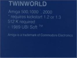 Top of cartridge artwork for TwinWorld: Land of Vision on the Commodore Amiga.