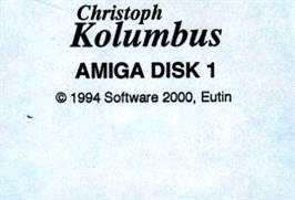 Top of cartridge artwork for Voyages Of Discovery on the Commodore Amiga.