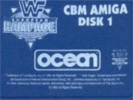 Top of cartridge artwork for WWF European Rampage Tour on the Commodore Amiga.