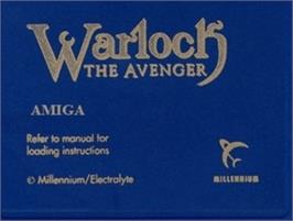 Top of cartridge artwork for Warlock: The Avenger on the Commodore Amiga.