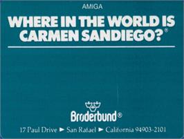 Top of cartridge artwork for Where in the World is Carmen Sandiego? on the Commodore Amiga.