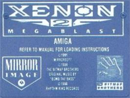 Top of cartridge artwork for Xenon 2: Megablast on the Commodore Amiga.