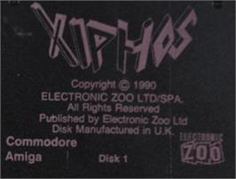 Top of cartridge artwork for Xiphos on the Commodore Amiga.