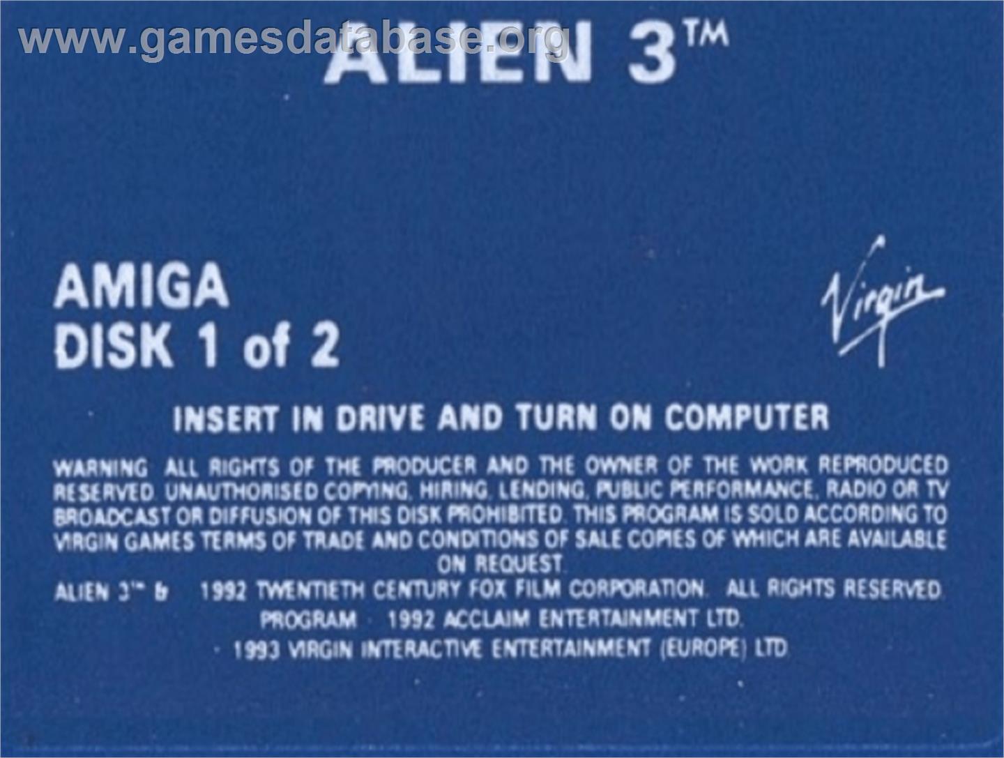 Alien 3 - Commodore Amiga - Artwork - Cartridge Top