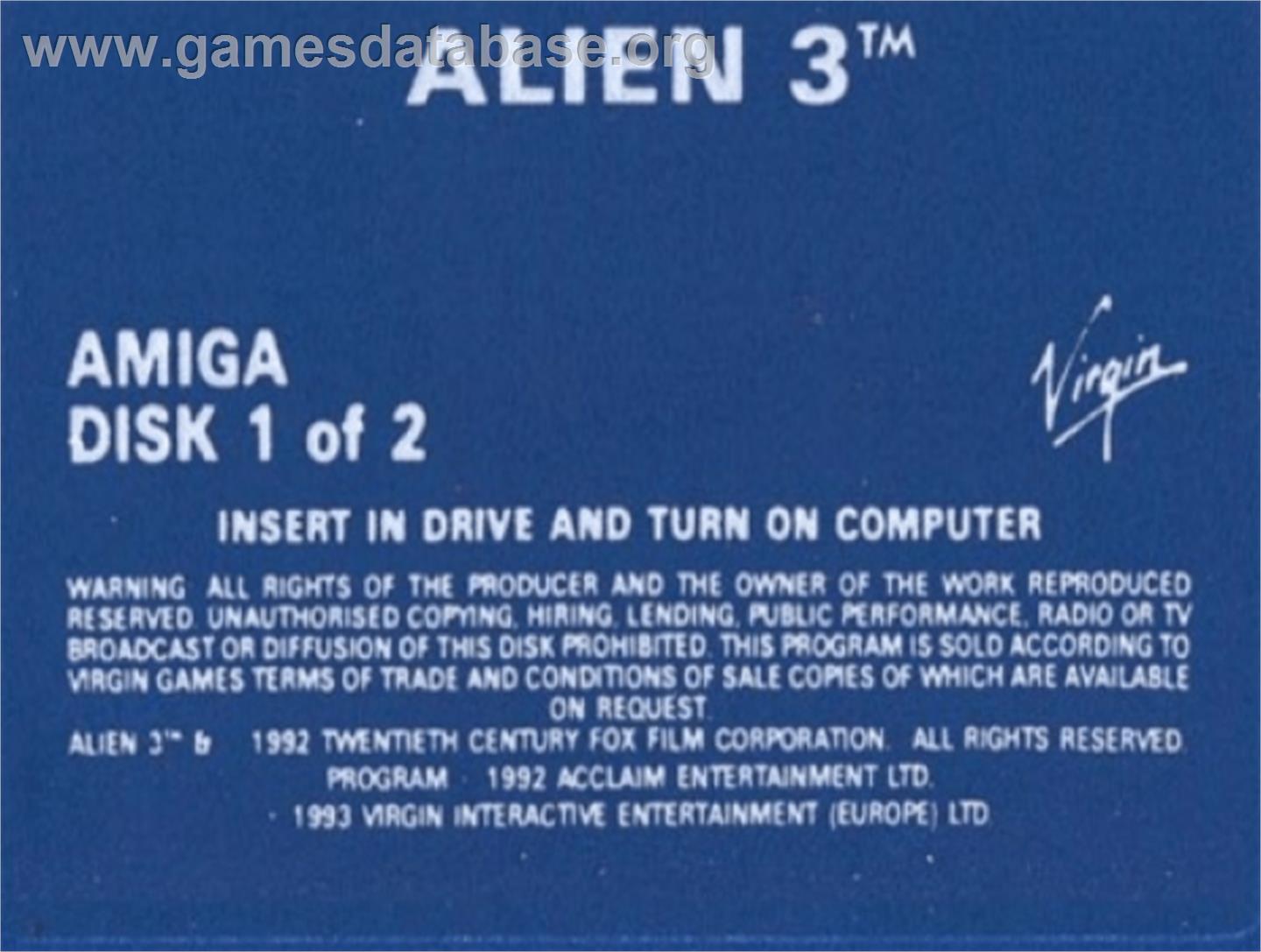 Alien³ - Commodore Amiga - Artwork - Cartridge Top