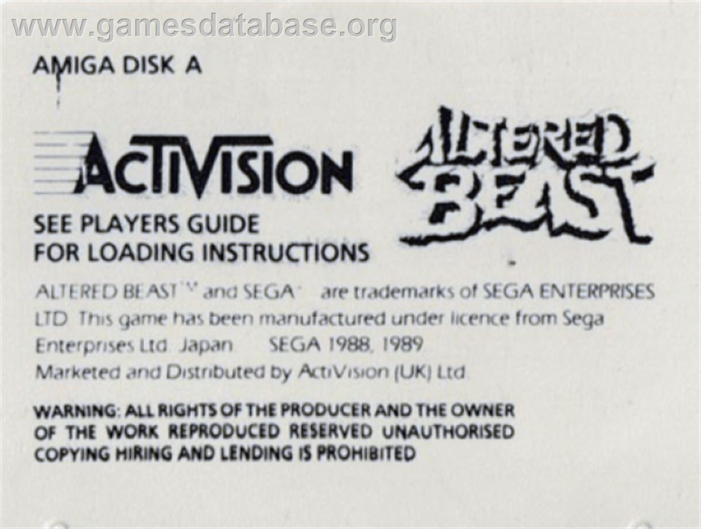 Altered Beast - Commodore Amiga - Artwork - Cartridge Top