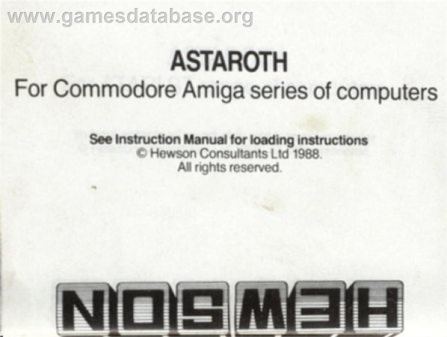 Astaroth: The Angel of Death - Commodore Amiga - Artwork - Cartridge Top