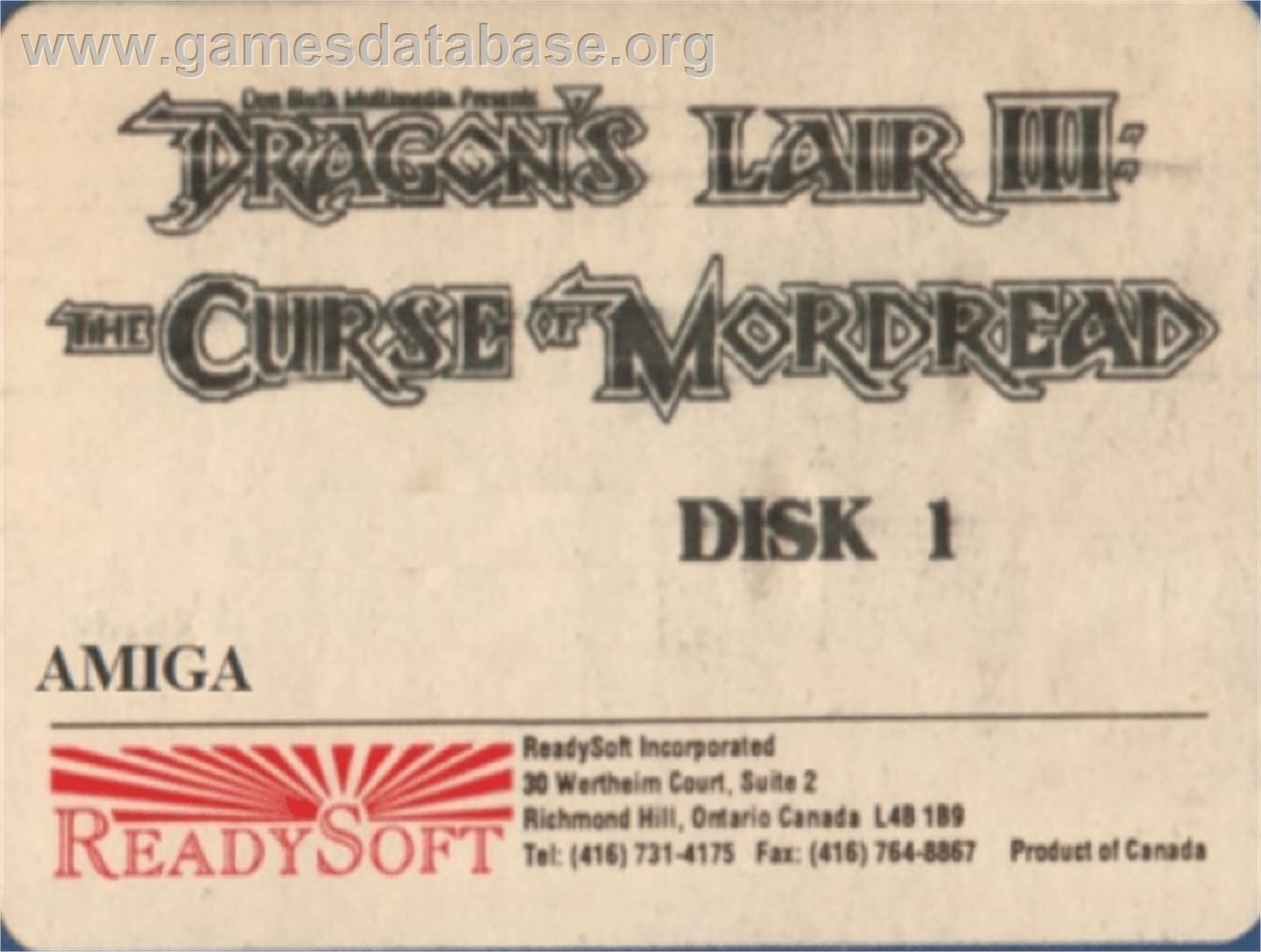 Dragon's Lair 3 - The Curse Of Mordread - Commodore Amiga - Artwork - Cartridge Top