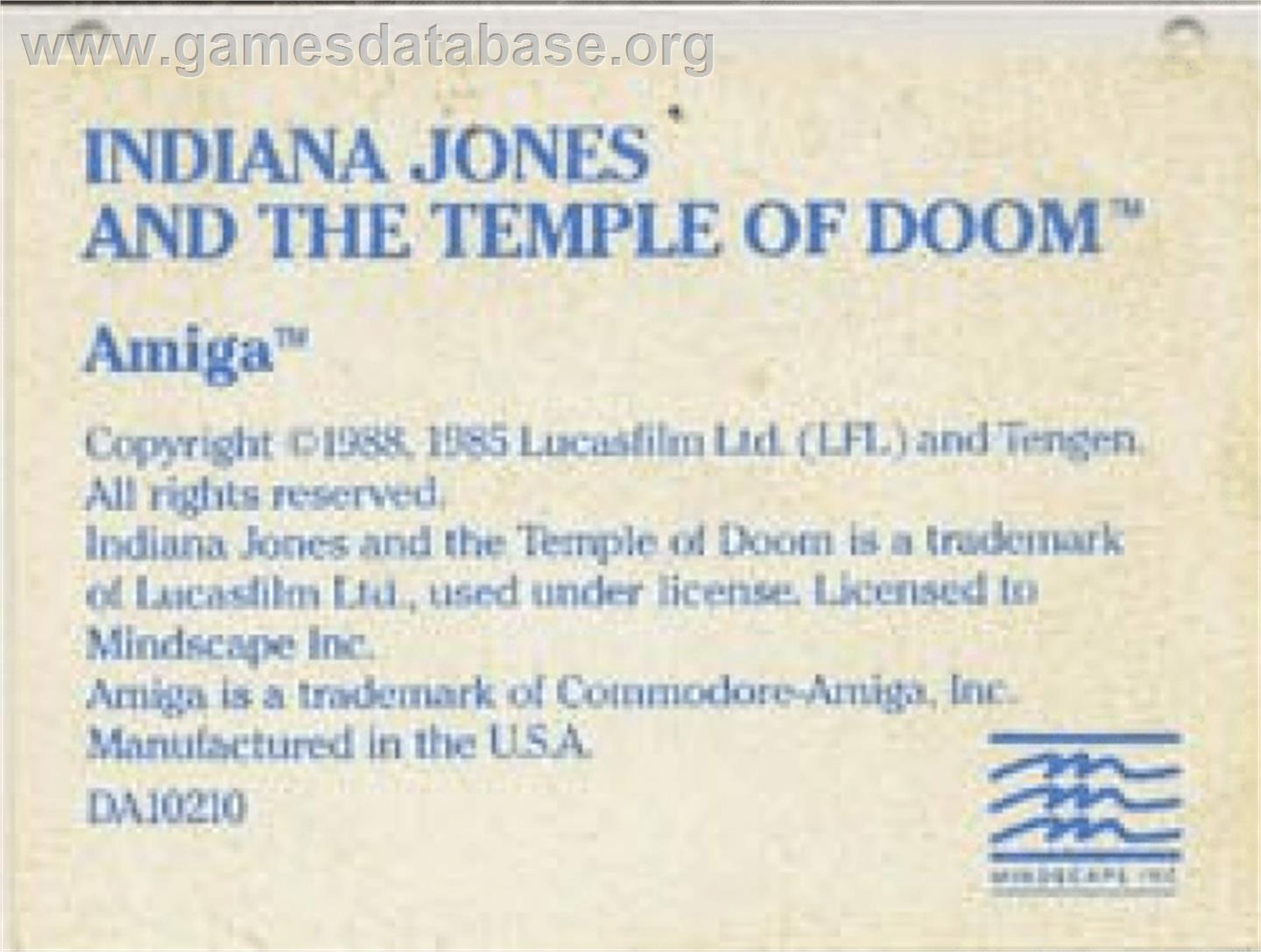 Indiana Jones And The Temple Of Doom - Commodore Amiga - Artwork - Cartridge Top