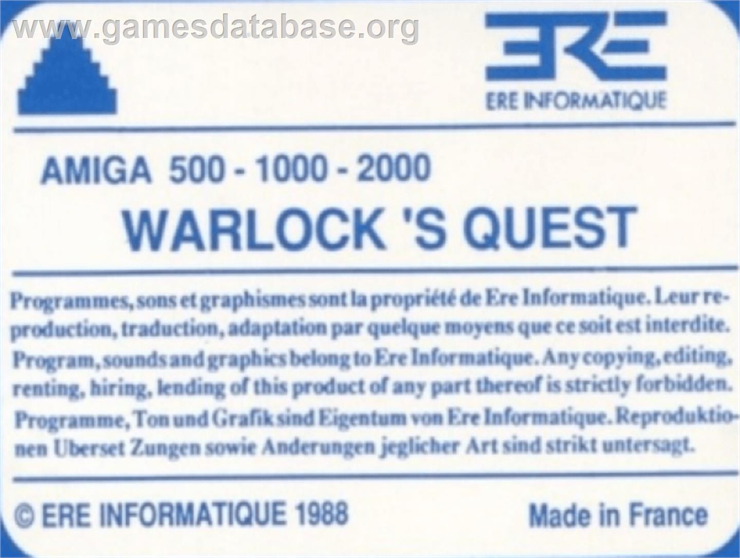 Warlock's Quest - Commodore Amiga - Artwork - Cartridge Top