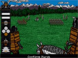 In game image of Lords Of The Rising Sun on the Commodore Amiga.