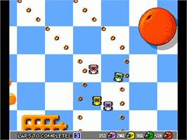 In game image of Micro Machines on the Commodore Amiga.