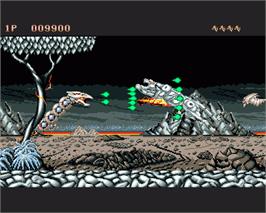 In game image of Saint Dragon on the Commodore Amiga.