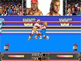 In game image of WWF Wrestlemania on the Commodore Amiga.