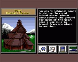 In game image of Where in Europe is Carmen Sandiego? on the Commodore Amiga.