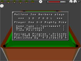 Title screen of 3d Pool on the Commodore Amiga.