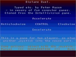 Title screen of Biplane Duel on the Commodore Amiga.