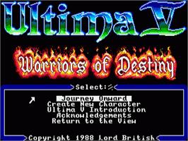 Title screen of Ultima V: Warriors of Destiny on the Commodore Amiga.