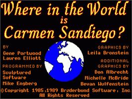 Title screen of Where in the World is Carmen Sandiego? on the Commodore Amiga.