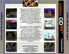 Box back cover for Cedric And The Lost Sceptre on the Commodore Amiga CD32.