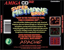 Box back cover for Super Methane Bros. on the Commodore Amiga CD32.