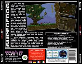 Box back cover for Superfrog on the Commodore Amiga CD32.