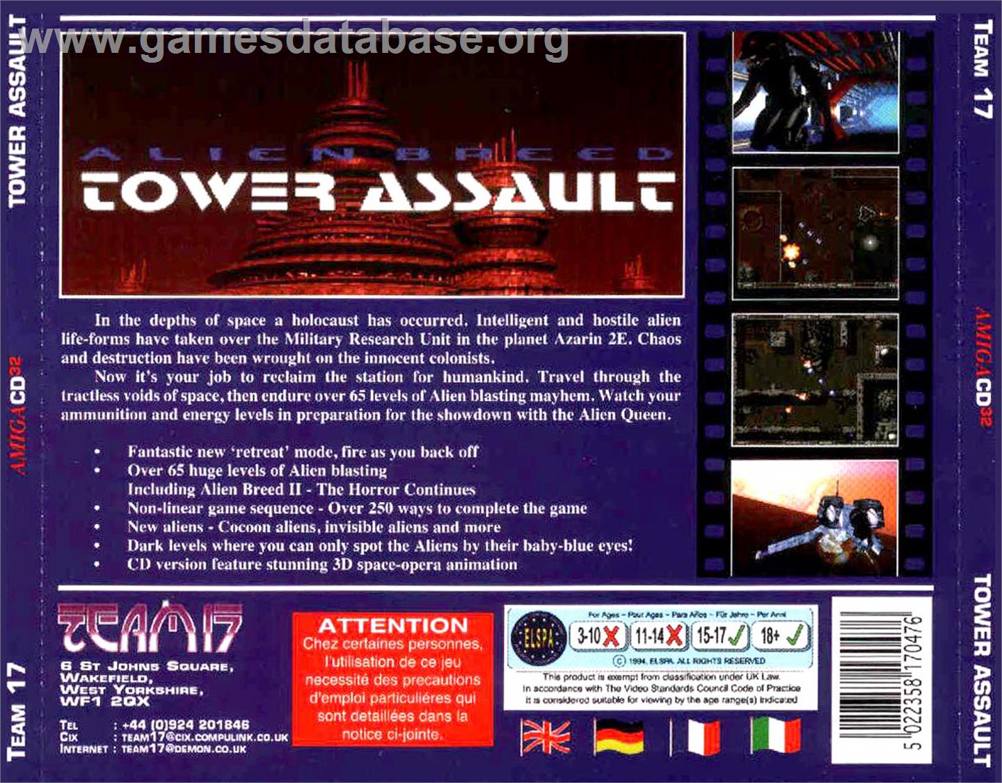 Alien Breed: Tower Assault - Commodore Amiga CD32 - Artwork - Box Back