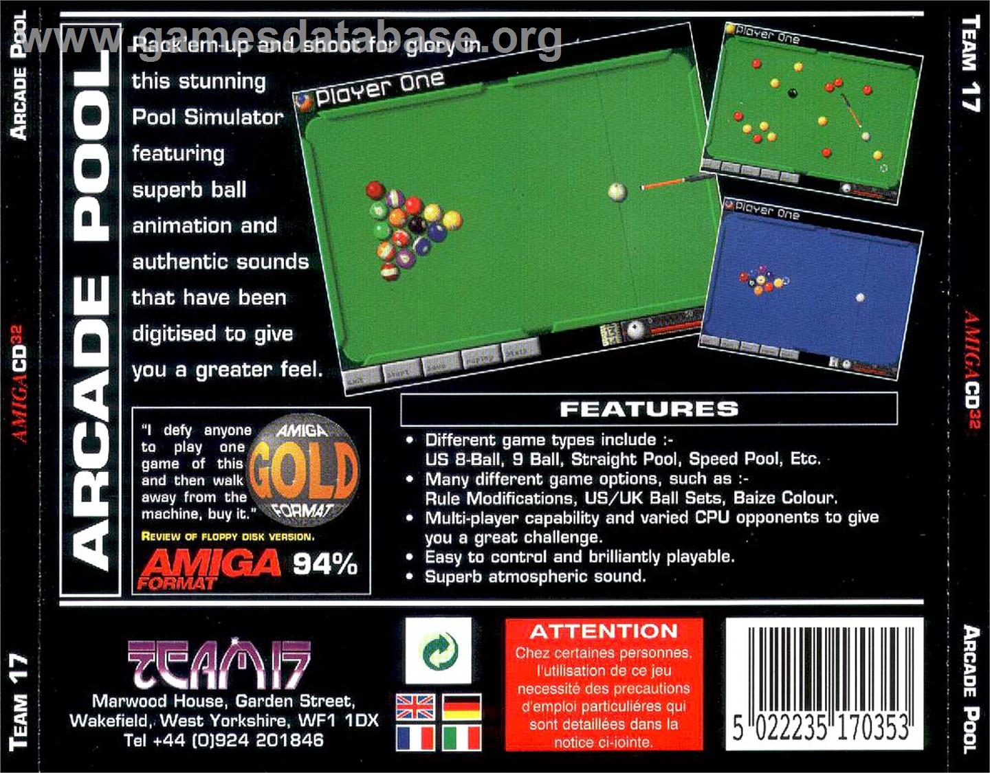 Arcade Pool - Commodore Amiga CD32 - Artwork - Box Back