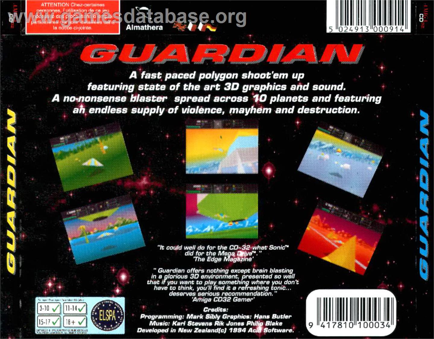 Guardian - Commodore Amiga CD32 - Artwork - Box Back