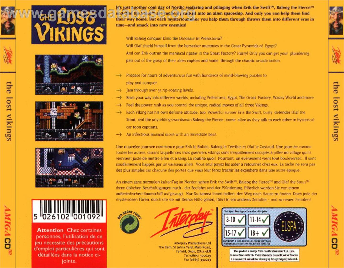 Lost Vikings - Commodore Amiga CD32 - Artwork - Box Back