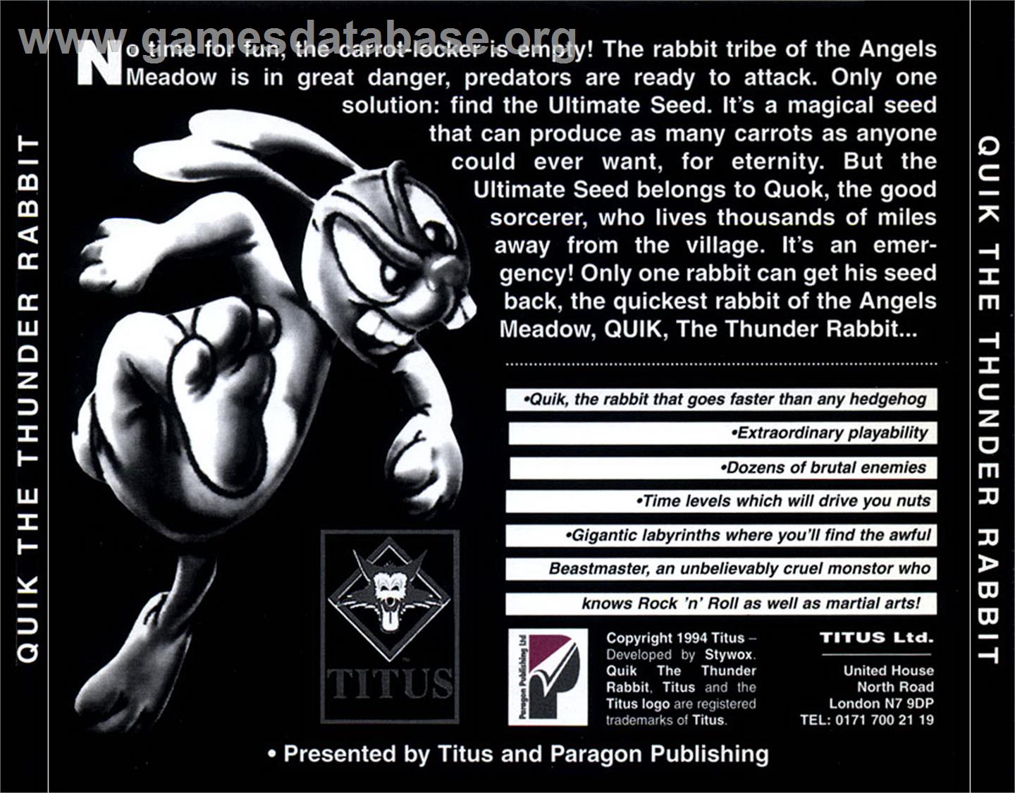 Quik the Thunder Rabbit - Commodore Amiga CD32 - Artwork - Box Back