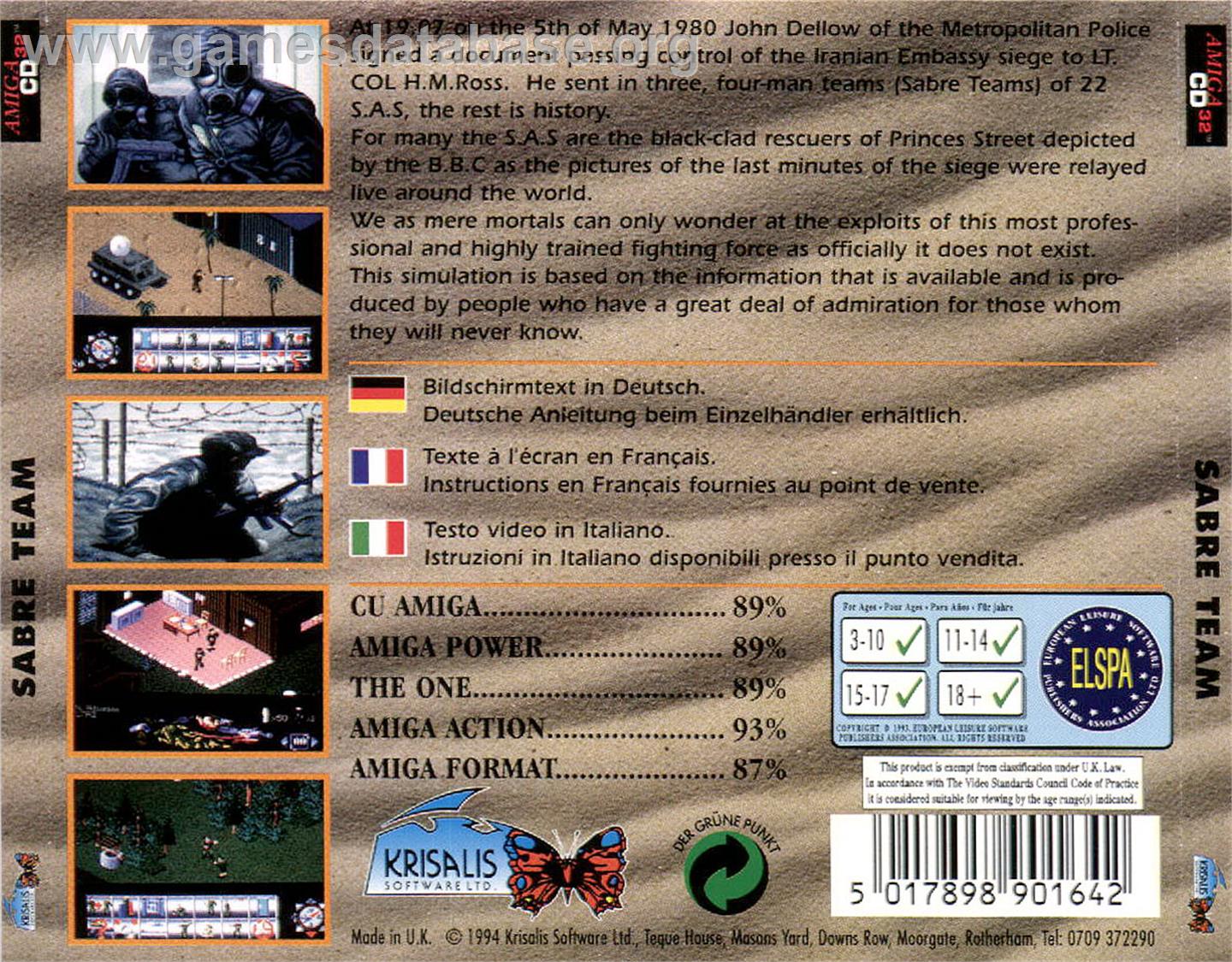 Sabre Team - Commodore Amiga CD32 - Artwork - Box Back