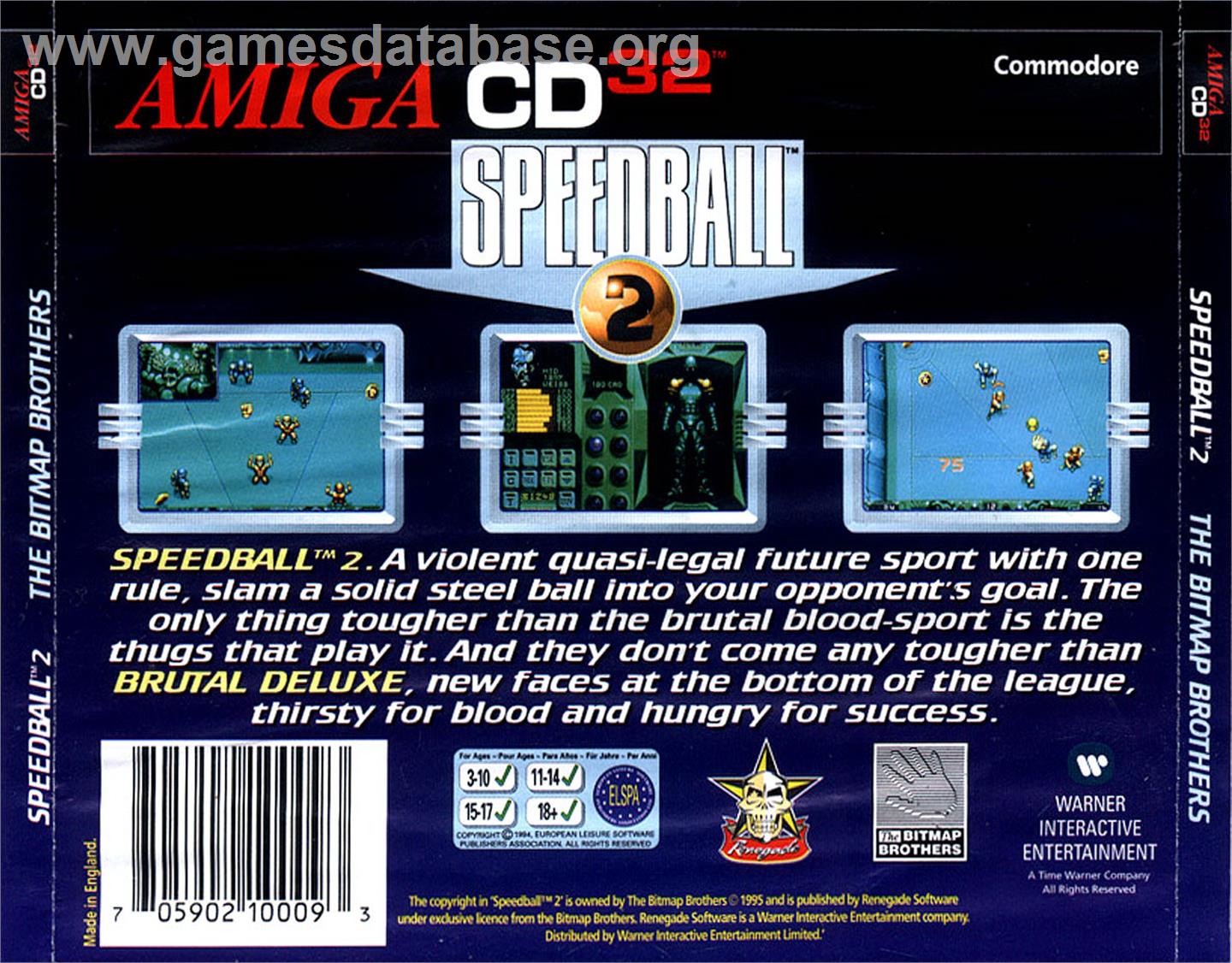 Speedball 2: Brutal Deluxe - Commodore Amiga CD32 - Artwork - Box Back