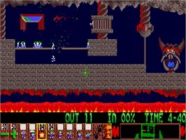 In game image of Lemmings on the Commodore Amiga CD32.