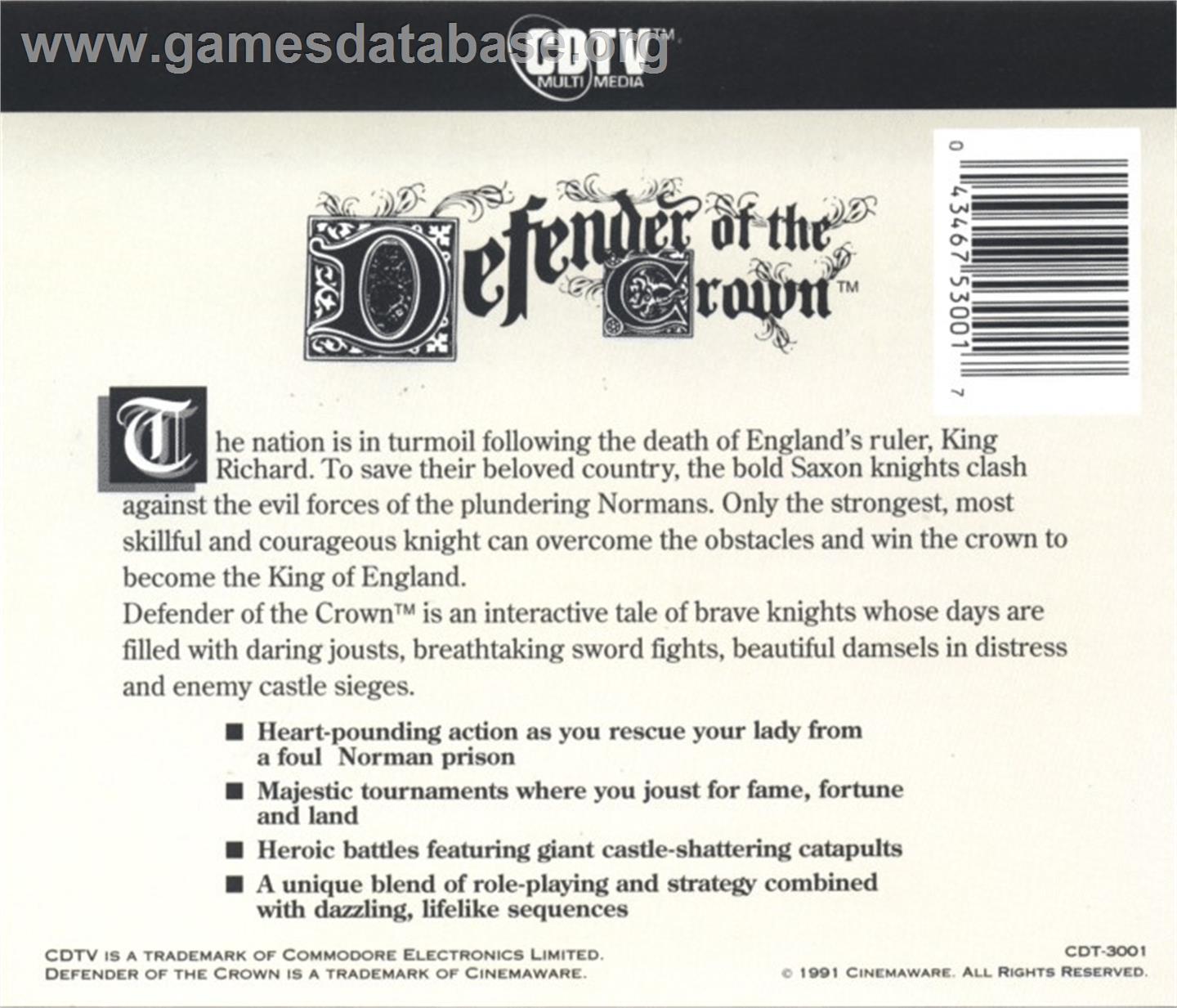 Defender Of The Crown - Commodore CDTV - Artwork - Box Back