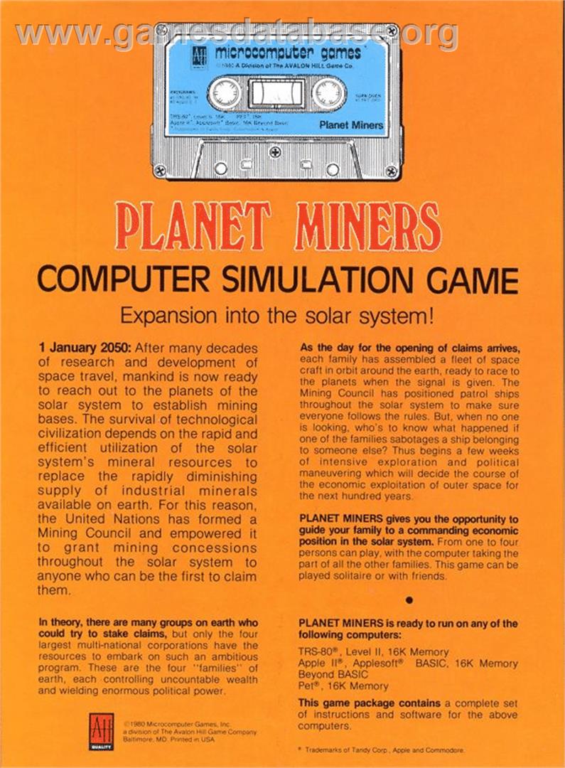 Planet Miners - Commodore PET - Artwork - Box Back