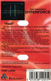 Box back cover for Hyperforce on the Commodore Plus 4.