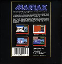Box back cover for Maniax on the Commodore Plus 4.