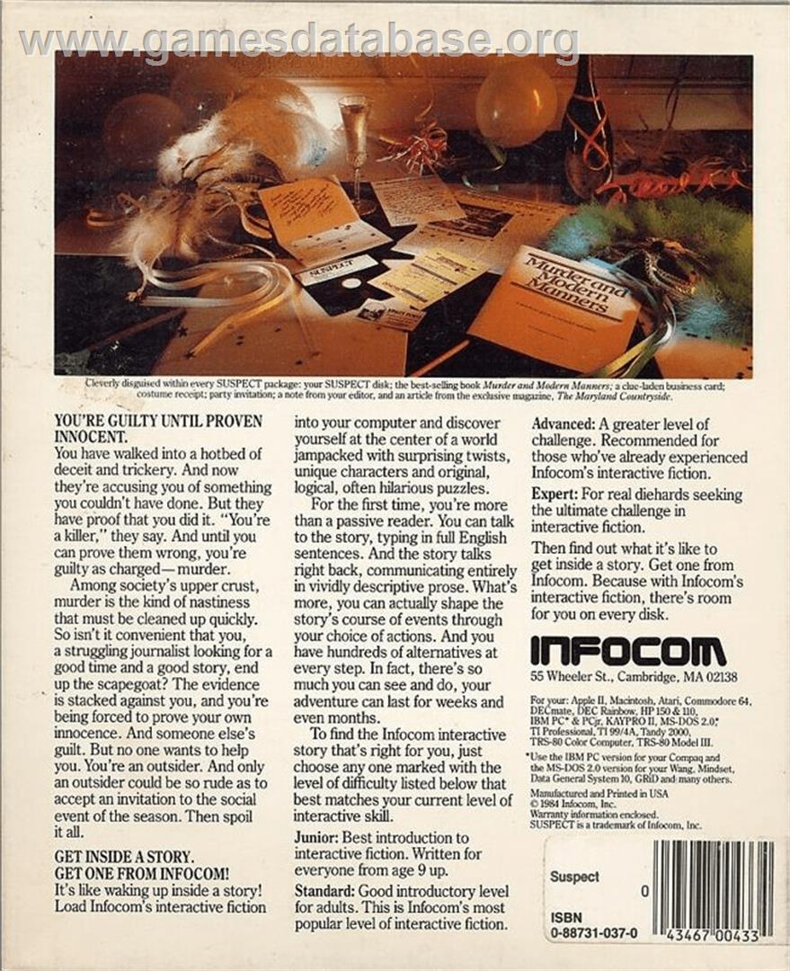 Suspect - Commodore Plus 4 - Artwork - Box Back