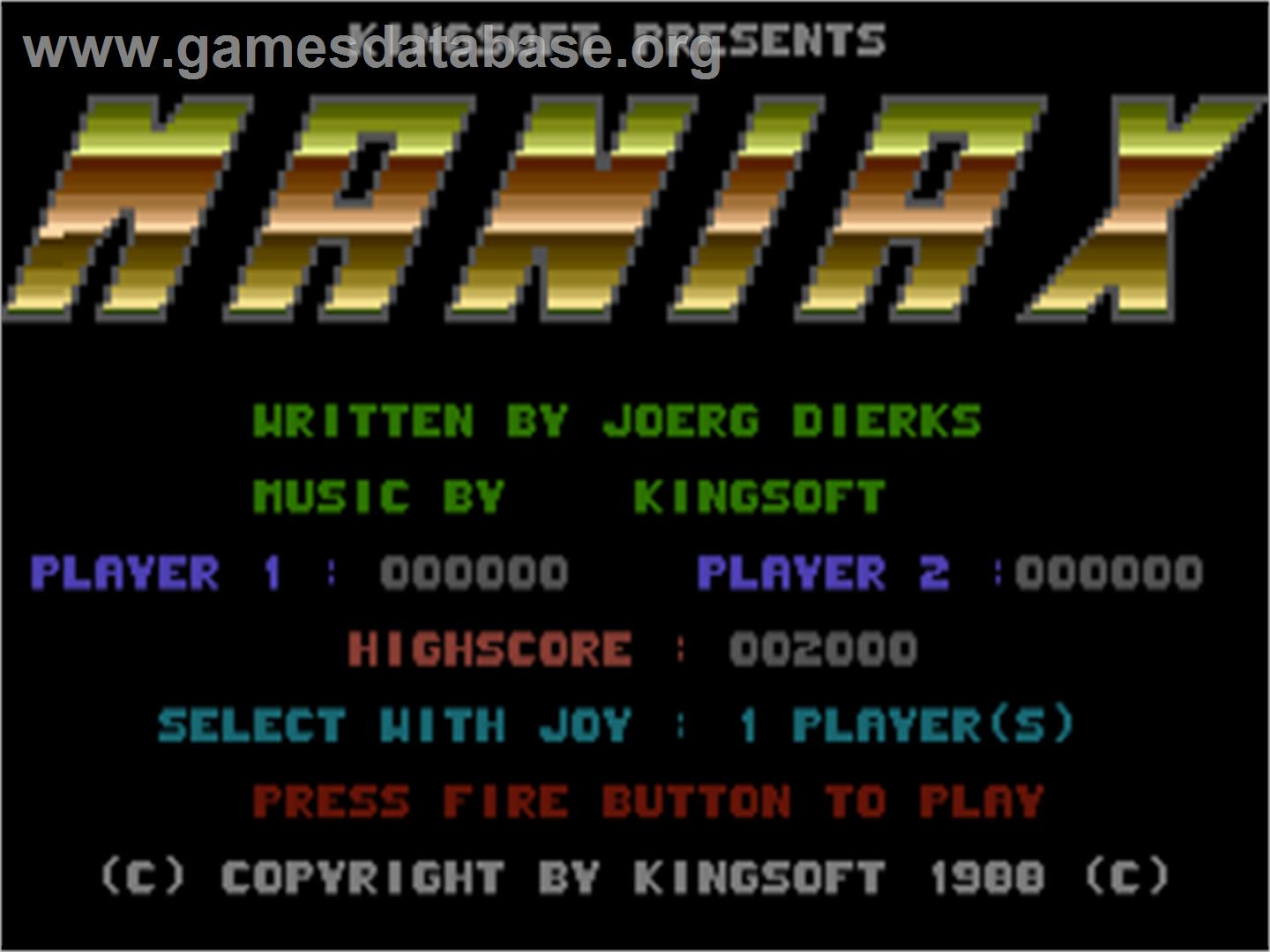 Maniax - Commodore Plus 4 - Artwork - Title Screen