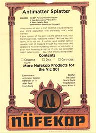 Box back cover for Antimatter Splatter on the Commodore VIC-20.