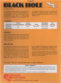 Box back cover for Black Hole on the Commodore VIC-20.