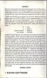 Box back cover for Bonzo on the Commodore VIC-20.
